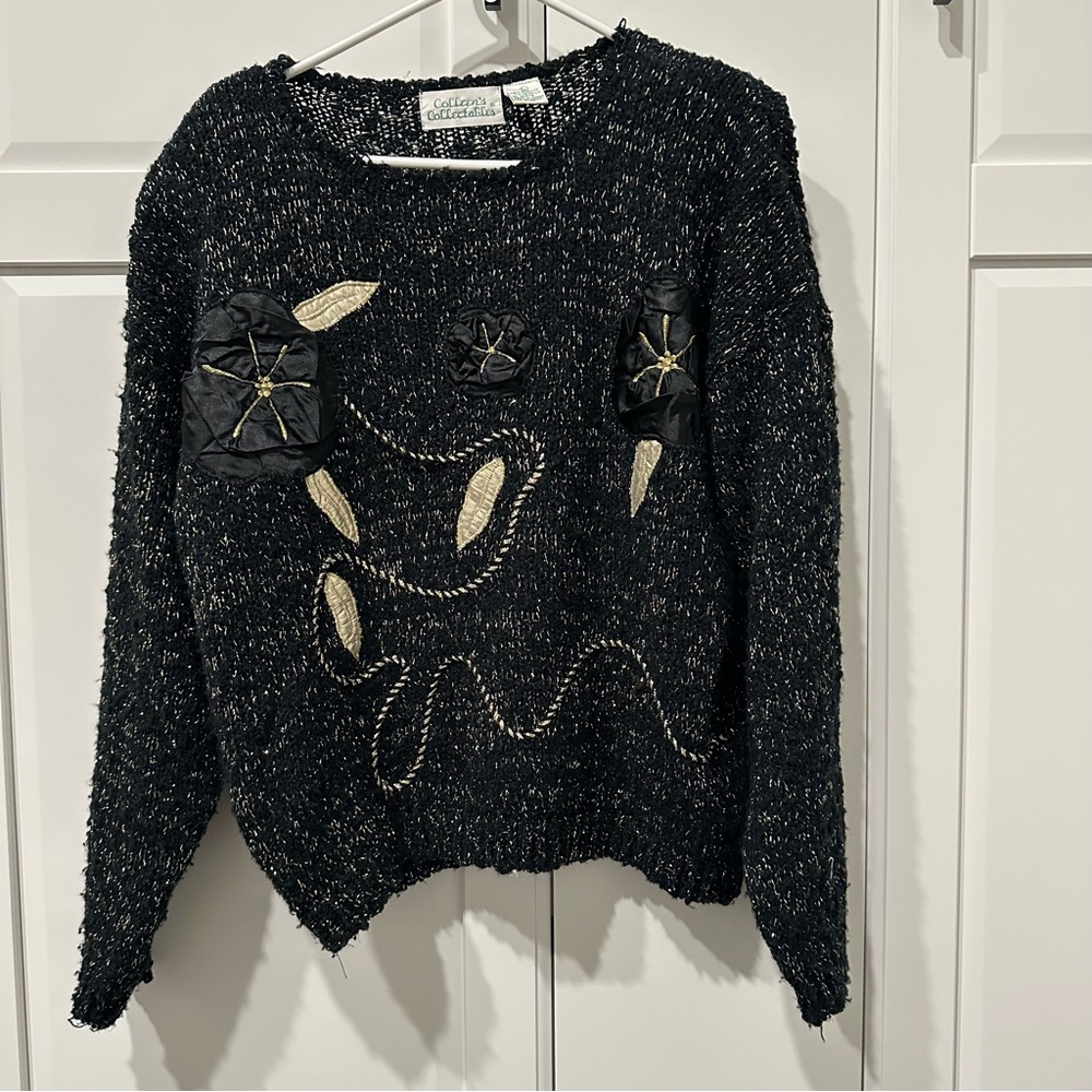 Vintage Colleen’s Collectables Black/Gold Women Sweater,shoulder pads,artsy